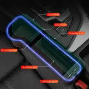 Organisateur de siège voiture LED noir avec porte-gobelet, rangement multifonction et double port USB.