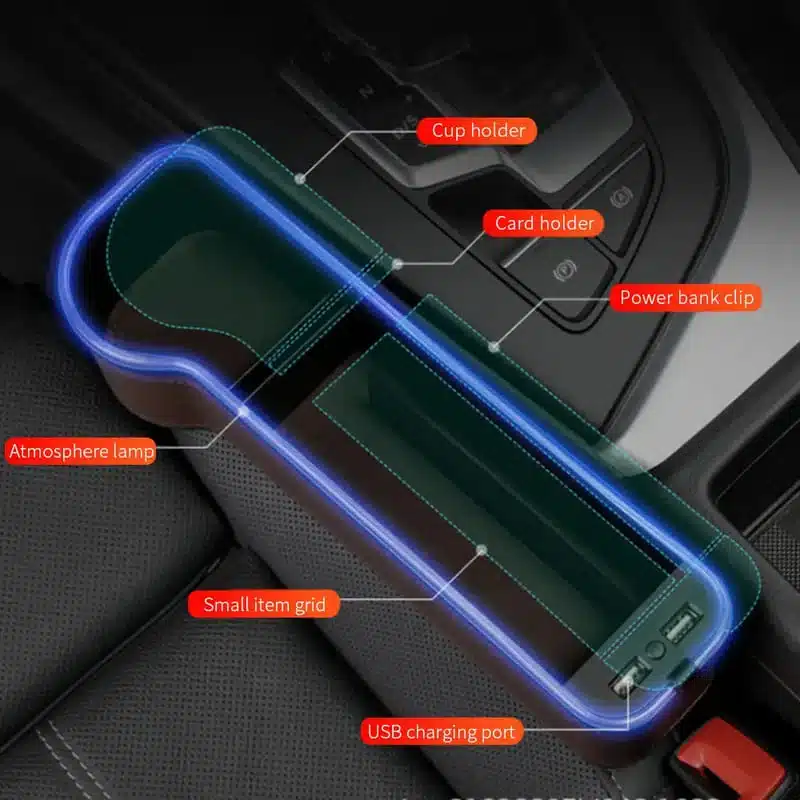 organisateur-de-siege-de-voiture-led-3 Organisateur de siège voiture LED noir avec porte-gobelet, rangement multifonction et double port USB.