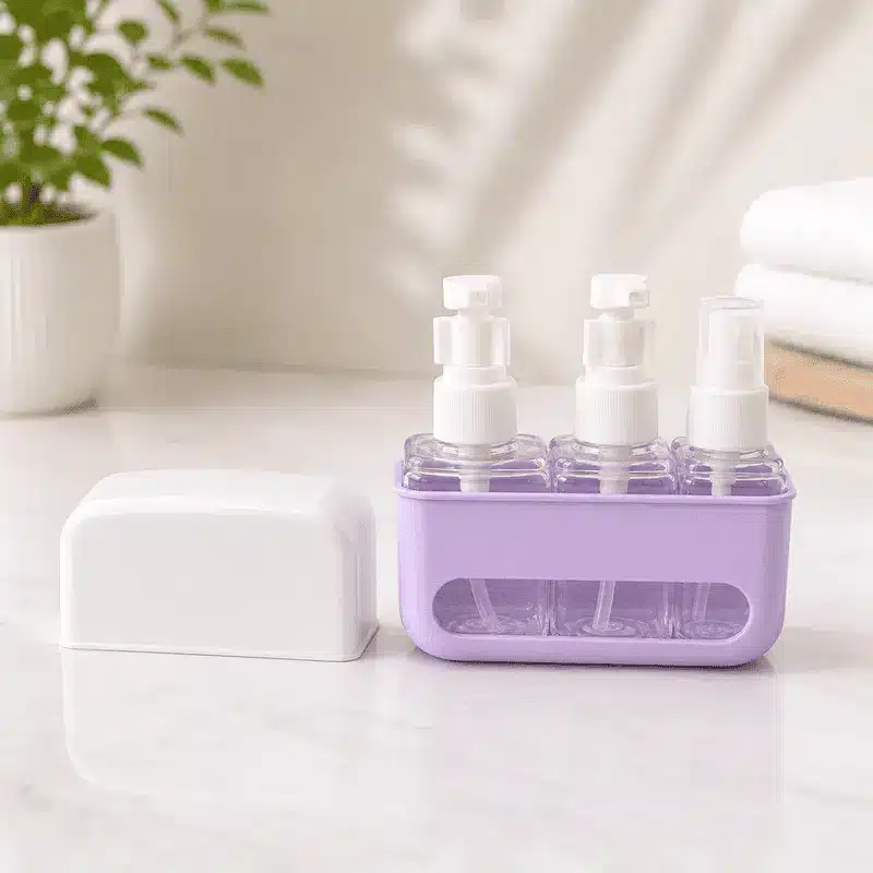 organisateur-de-voyage-pour-flacons-3-en-1-violet Organisateur de Voyage pour Flacons Rechargeables 4-en-1