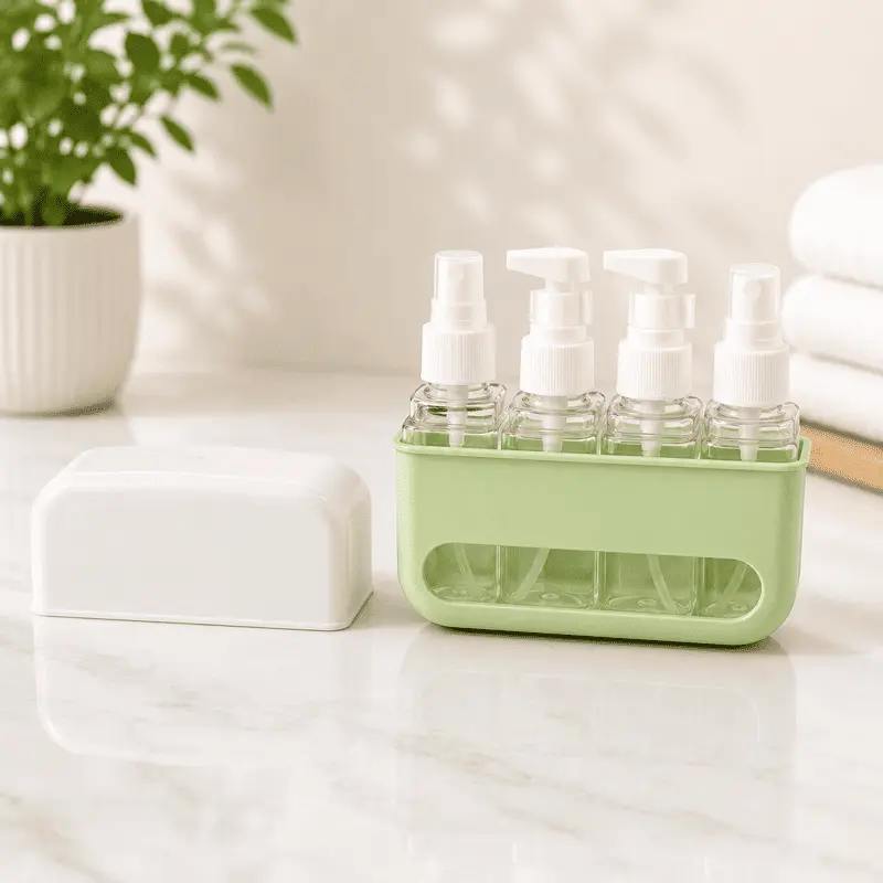organisateur-de-voyage-pour-flacons-4-en-1-vert Organisateur de Voyage pour Flacons Rechargeables 4-en-1