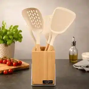 Set de 5 Ustensiles de Cuisine en Silicone avec Manche Effet Bois