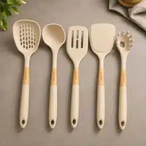 Set de 5 Ustensiles de Cuisine en Silicone avec Manche Effet Bois