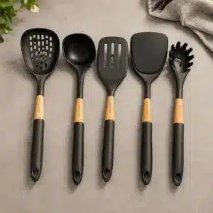 Set de 5 Ustensiles de Cuisine en Silicone avec Manche Effet Bois