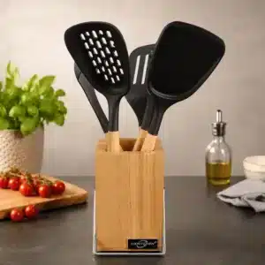 Set de 5 Ustensiles de Cuisine en Silicone avec Manche Effet Bois