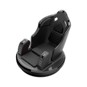 Support téléphone noir rotatif à 360 degrés fixé sur le tableau de bord d'une voiture avec base antidérapante.