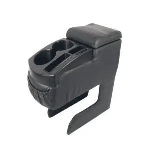 Accoudoir central universel pour voiture noir effet cuir avec deux porte-gobelets et compartiments de rangement entre les sièges avant.