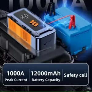 Booster de Batterie 1000A et Compresseur d'Air 12000 mAh – Démarreur Portable Intelligent pour Voiture
