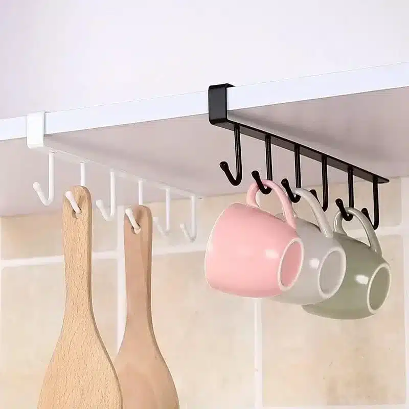 crochet-suspendu-sous-etagere-6-crochets-noir-1 Crochet Suspendu Sous Étagère 6 Crochets – Organisateur de Cuisine Sans Perçage