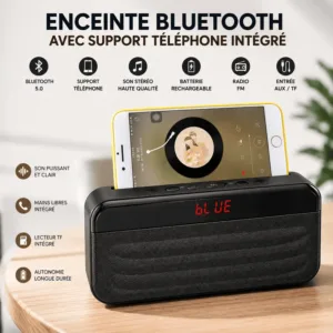 Enceinte Bluetooth avec Support Téléphone Intégré – Haut-Parleur Sans Fil Bluetooth 5.0