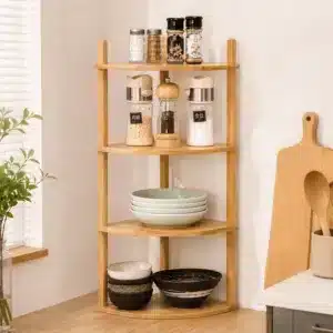 Étagère d’angle en bambou 4 niveaux – Organisateur de cuisine gain de place