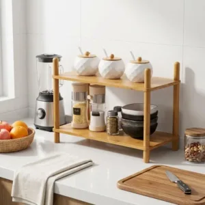 Étagère de Cuisine en Bambou à 2 Niveaux – Organisateur Multifonction pour Comptoir et Plan de Travail