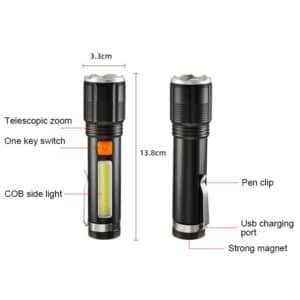 Lampe Torche LED Rechargeable USB COB avec Zoom – Torche Puissante Multifonction avec Aimant au Maroc
