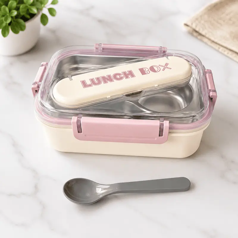 lunch-box-compartimentee-rose Lunch Box Compartimentée en Acier Inoxydable avec Couverts – Boîte Repas Hermétique pour École, Bureau et Voyages