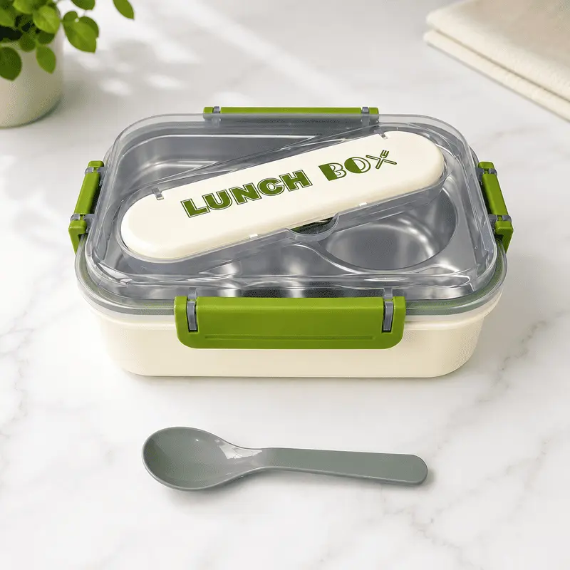 lunch-box-compartimentee-vert Lunch Box Compartimentée en Acier Inoxydable avec Couverts – Boîte Repas Hermétique pour École, Bureau et Voyages