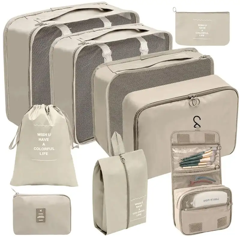 organisateur-de-valise-9-pieces-beige Organisateur de valise 9 pièces – Ensemble de rangement pour vêtements et accessoires