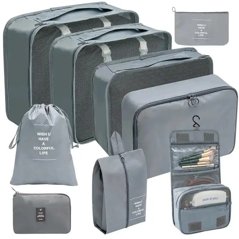 organisateur-de-valise-9-pieces-gris Organisateur de valise 9 pièces – Ensemble de rangement pour vêtements et accessoires