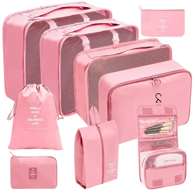 organisateur-de-valise-9-pieces-rose Organisateur de valise 9 pièces – Ensemble de rangement pour vêtements et accessoires