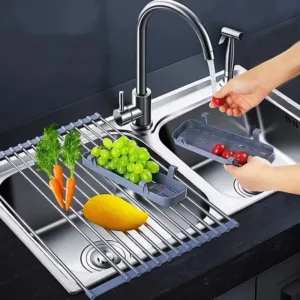 Égouttoir Enroulable Extensible pour Évier avec Paniers Multifonctions