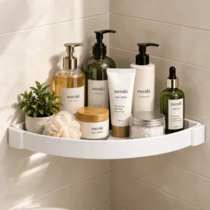 Étagère d’angle murale blanche 37 × 27 cm pour salle de bain