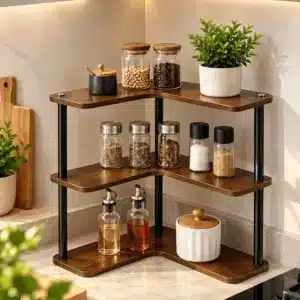 Étagère de rangement d'angle 3 niveaux marron foncé effet bois, organisateur de cuisine en L pour tasses, épices et accessoires, disponible sur Babouti.ma.