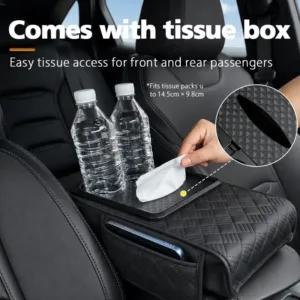 Accoudoir de voiture noir avec porte gobelet et distributeur de mouchoirs intégré.