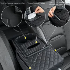 Accoudoir de voiture noir avec porte gobelet et distributeur de mouchoirs intégré.