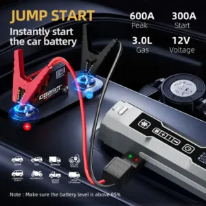Aspirateur de voiture avec démarreur et gonfleur 4 en 1, batterie rechargeable 6000 mAh, compresseur 150 PSI et lampe LED.