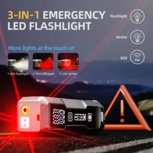 Aspirateur de voiture avec démarreur et gonfleur 4 en 1, batterie rechargeable 6000 mAh, compresseur 150 PSI et lampe LED.