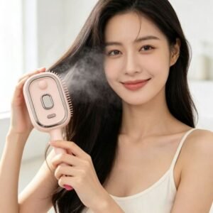 Brosse électrique avec diffusion de brume pour le soin des cheveux.