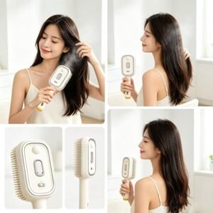 Image 1 : Brosse à cheveux électrique avec vapeur et massage utilisée sur cheveux longs.
