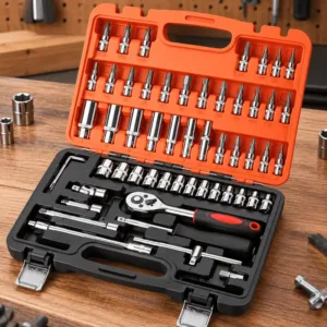 Coffret de clés à cliquet et douilles 53 pièces avec embouts de vissage et accessoires dans une mallette orange et noire.