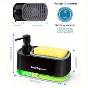 Distributeur de savon liquide 2 en 1 avec pompe manuelle et porte-éponge intégré, disponible en noir et blanc sur Babouti.ma au Maroc.