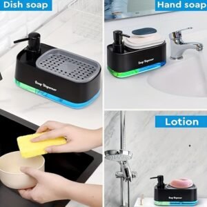 Distributeur de savon liquide 2 en 1 avec pompe manuelle et porte-éponge intégré, disponible en noir et blanc sur Babouti.ma au Maroc.