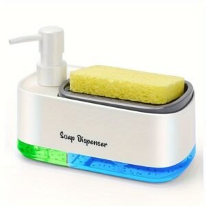 Distributeur de savon liquide 2 en 1 avec pompe manuelle et porte-éponge intégré, disponible en noir et blanc sur Babouti.ma au Maroc.