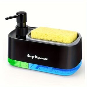 Distributeur de savon liquide 2 en 1 avec pompe manuelle et porte-éponge intégré, disponible en noir et blanc sur Babouti.ma au Maroc.