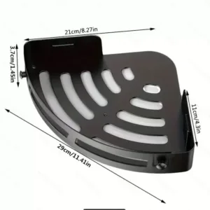 Étagère d'angle murale noire pour salle de bain sans perçage avec dimensions 29 × 21 cm.