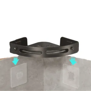 Étagère d'angle murale noire pour salle de bain sans perçage avec dimensions 29 × 21 cm.