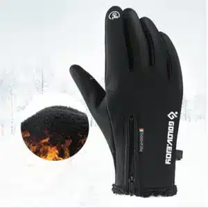 Gants tactiles antidérapants noirs avec fermeture éclair au poignet et paume texturée, pour homme et femme.