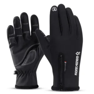 Gants tactiles antidérapants noirs avec fermeture éclair au poignet et paume texturée, pour homme et femme.