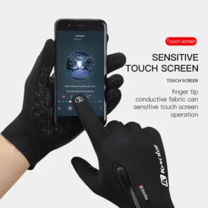Gants tactiles antidérapants noirs avec fermeture éclair au poignet et paume texturée, pour homme et femme.