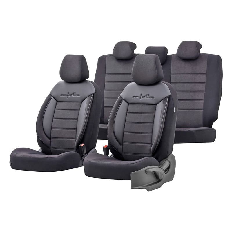 housses-de-sieges-voiture-comfortline-noir Ensemble complet de housses de sièges voiture Comfortline noir et gris pour sièges avant et arrière.