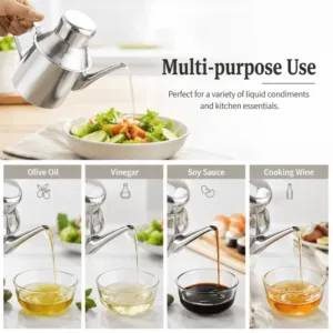 Huilier en acier inoxydable argenté avec bec verseur pour cuisine.