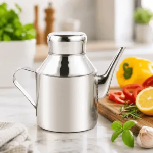 Huilier en acier inoxydable argenté avec bec verseur pour cuisine.