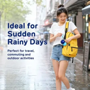 Imperméable de pluie pliable jaune avec capuche et boule de rangement compacte.