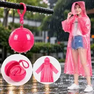 Imperméable de pluie pliable jaune avec capuche et boule de rangement compacte.
