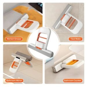 Raclette de nettoyage multifonction 2 en 1 pliable avec lame grise et poignée blanche et orange pour vitres, miroirs, carrelage et cuisine.