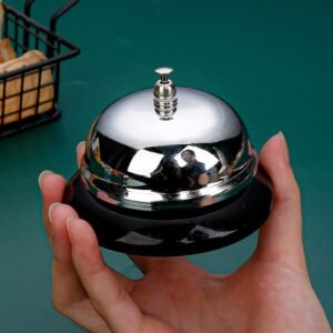 Sonnette de comptoir en métal chromé argenté avec base noire et bouton poussoir, idéale pour hôtel, restaurant et réception au Maroc.