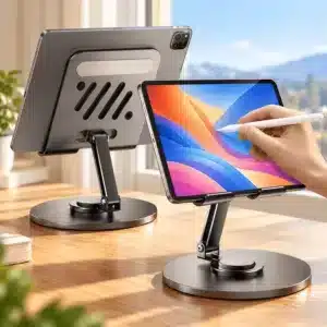 Support de tablette réglable et pliable noir avec base ronde stable pour bureau.