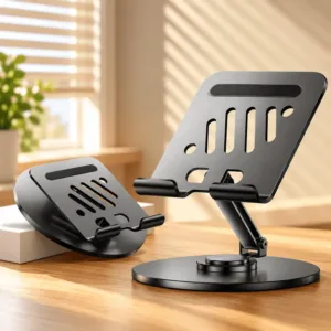 Support de tablette réglable et pliable noir avec base ronde stable pour bureau.