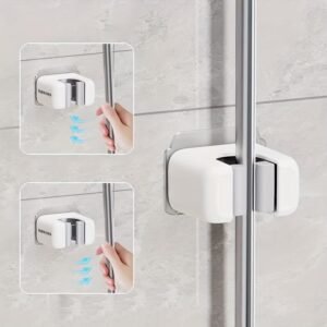 Support mural adhésif blanc et gris pour balai et serpillière avec rouleaux de maintien, fixation sans perçage.
